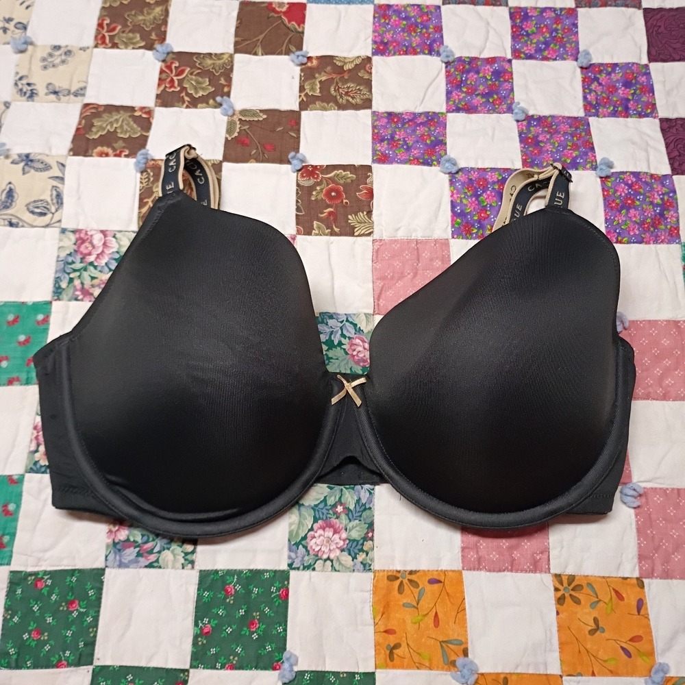 Cacique Lightly Lined T Shirt‎ Bra Womens Size 38F Solid Black With Bow